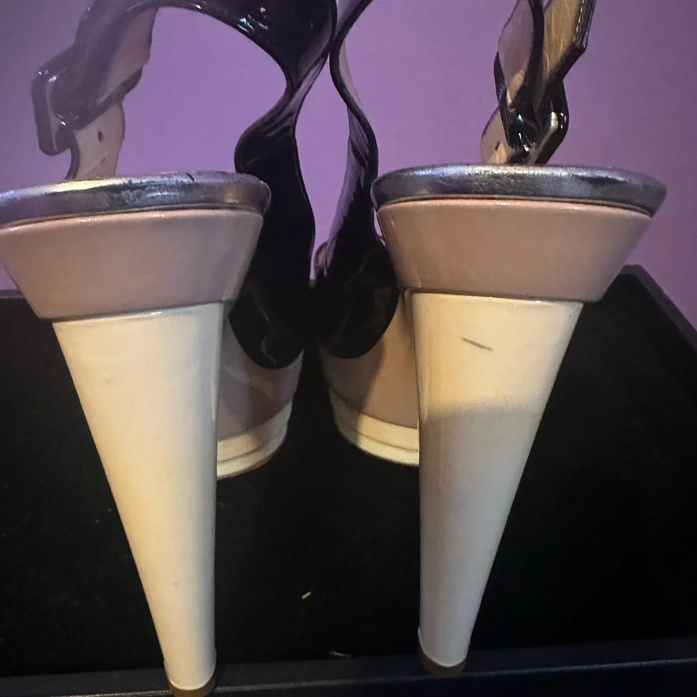 Christian Louboutin Black and Tan Peep Toe Slingback Heels - Picture 3 of 10